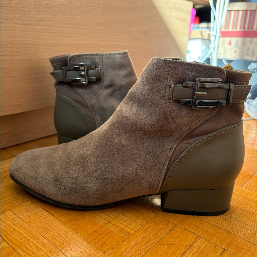 Easy Spirit Taupe Suede Ankle Booties with Buckle Accent